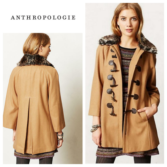 Elevenses Anthropologie Melton Wool Jacket Pea Coat Sz 0 XS Tan Beige Toggles - Picture 1 of 6